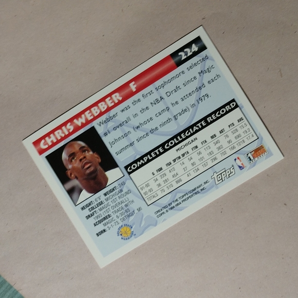 1994 TOPPS #224 CHRIS WEBBER Rookie Card RC Golden State Warriors - Picture 5 of 6